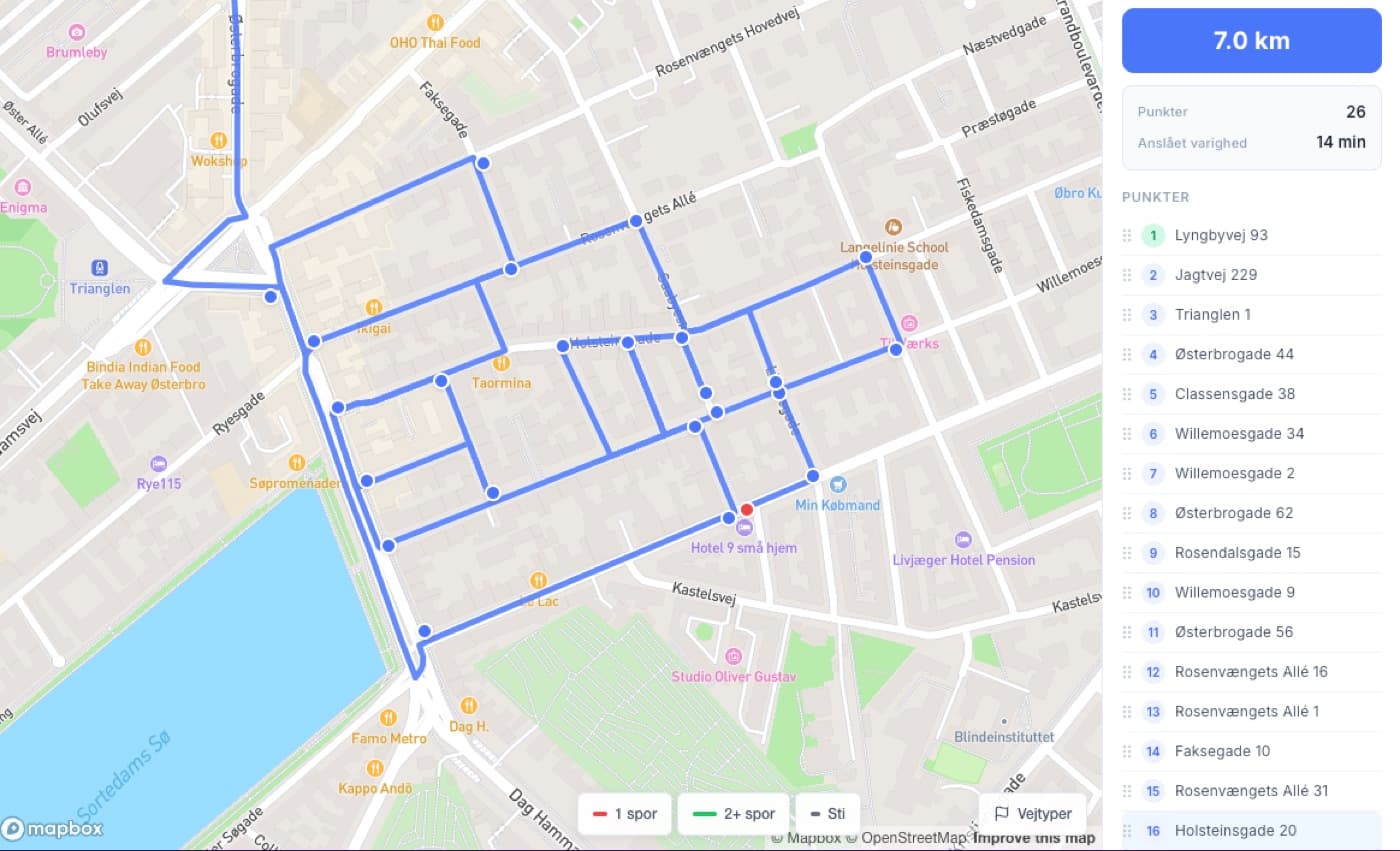 Optimised snow route across Copenhagen Østerbro with 26 stops totalling 7 km